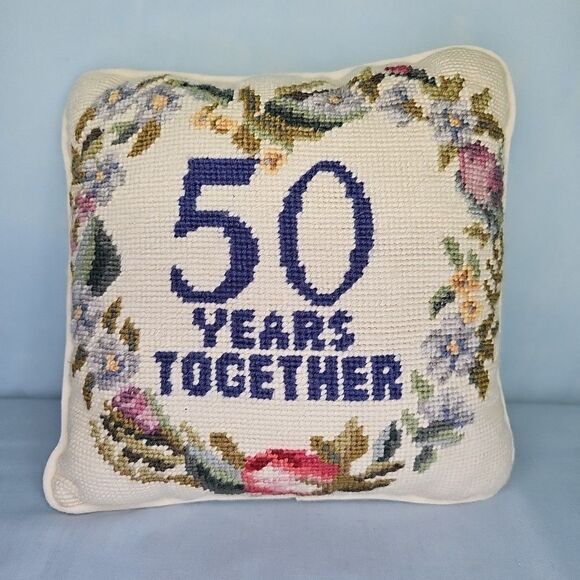 Golden Anniversary Pillow Gift Needlepoint 50 Years Together Vintage 9'' x 9'' - Picture 1 of 7